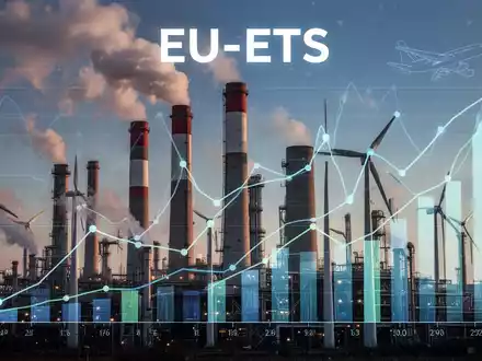 Eine stilisierte Darstellung des EU-Emissionshandels mit Industrieanlagen, Windturbinen und Finanzdiagrammen. - Foto: über boerse-global.de