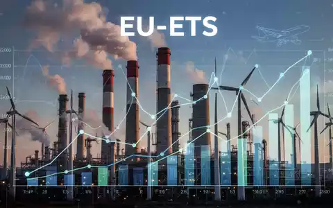 Eine stilisierte Darstellung des EU-Emissionshandels mit Industrieanlagen, Windturbinen und Finanzdiagrammen. - Foto: über boerse-global.de