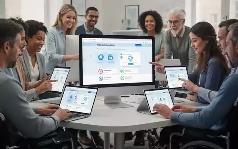 Eine vielfältige Gruppe von Menschen, einige mit Behinderungen, interagiert mit einer barrierefreien Website auf verschiedenen Geräten. - Foto: über boerse-global.de