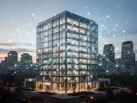 Ein stilisiertes, leuchtendes digitales Netzwerk überlagert ein modernes Bürogebäude in einer Stadt bei Dämmerung. - Foto: über boerse-global.de