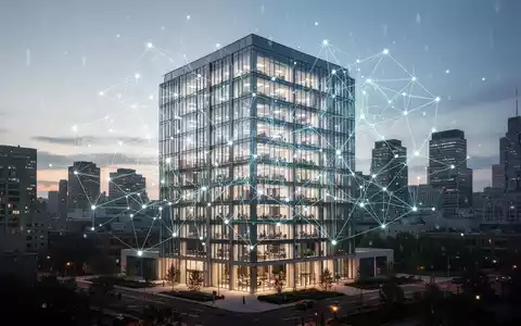 Ein stilisiertes, leuchtendes digitales Netzwerk überlagert ein modernes Bürogebäude in einer Stadt bei Dämmerung. - Foto: über boerse-global.de