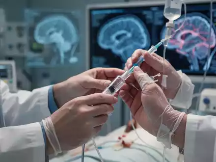 Nahaufnahme der Hände eines Neurologen, der eine Infusion verabreicht, mit medizinischer Ausrüstung und unscharfen Gehirnscans im Hintergrund. - Foto: über boerse-global.de