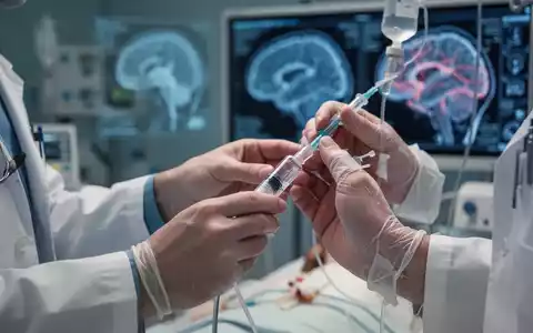 Nahaufnahme der Hände eines Neurologen, der eine Infusion verabreicht, mit medizinischer Ausrüstung und unscharfen Gehirnscans im Hintergrund. - Foto: über boerse-global.de