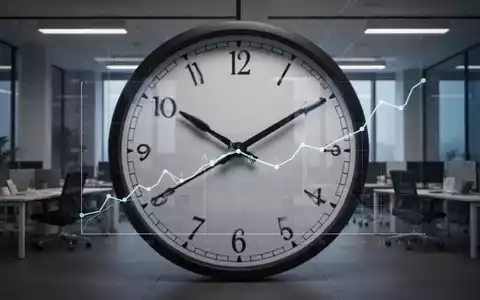 Eine Uhr mit unscharfen Zeigern, die späte Stunden anzeigen, über einem Diagramm, das sinkende Produktivität darstellt. - Foto: über boerse-global.de