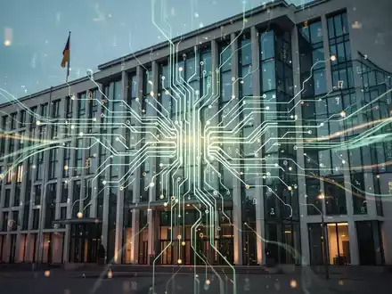 Digitalization in Berlin: A modern government building with an overlaid glowing neural network and data streams, symbolizing innovation. - Foto: über boerse-global.de