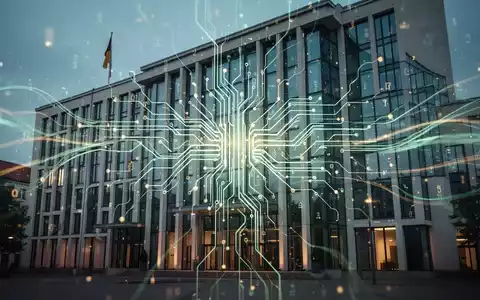 Digitalization in Berlin: A modern government building with an overlaid glowing neural network and data streams, symbolizing innovation. - Foto: über boerse-global.de