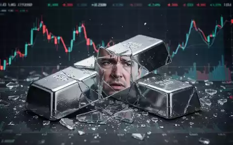 Eine zerbrochene Silberbarren inmitten fallender Börsenkurse, die einen starken Preisverfall und eine Finanzkrise symbolisiert. - Foto: über boerse-global.de