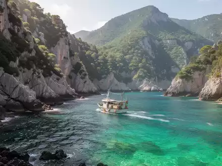 Eine malerische europäische Küstenlinie mit klarem türkisfarbenem Wasser, grünen Klippen und einem kleinen Fischerboot in der Ferne. - Foto: über boerse-global.de