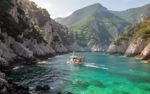 Eine malerische europäische Küstenlinie mit klarem türkisfarbenem Wasser, grünen Klippen und einem kleinen Fischerboot in der Ferne. - Foto: über boerse-global.de
