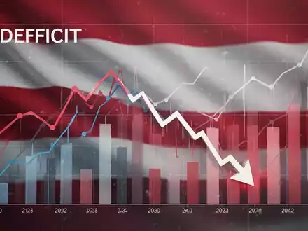 Eine grafische Darstellung eines Finanzdiagramms, das einen Abwärtstrend im Defizit zeigt, mit subtilen österreichischen Farben im Hintergrund. - Foto: über boerse-global.de