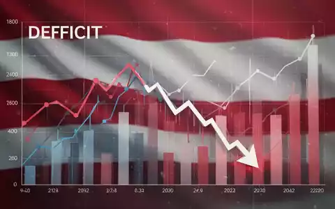 Eine grafische Darstellung eines Finanzdiagramms, das einen Abwärtstrend im Defizit zeigt, mit subtilen österreichischen Farben im Hintergrund. - Foto: über boerse-global.de