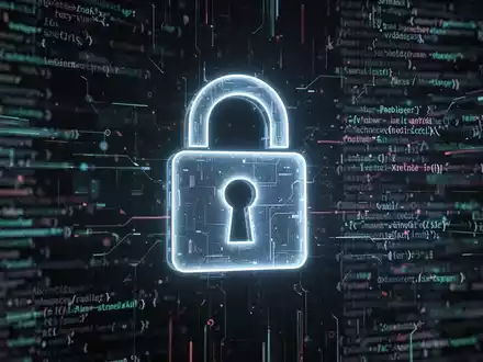 A glowing, stylized padlock icon representing security, overlaid on a blurred background of digital code and data streams. - Foto: über boerse-global.de