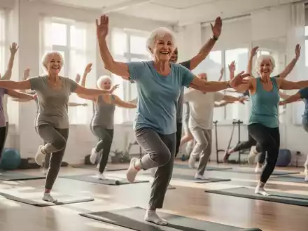Eine Gruppe fröhlicher Senioren (über 55) beim Tanzen oder Pilates in einem hellen Studio. - Foto: über boerse-global.de