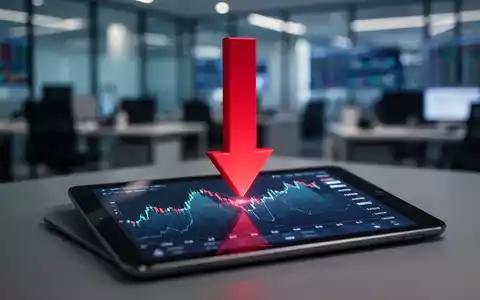 Ein stilisierter roter Pfeil zeigt auf einem Tablet-Bildschirm nach unten durch einen digitalen Aktienchart. - Foto: über boerse-global.de