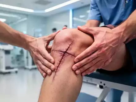 Nahaufnahme eines Knies mit Operationsnarbe, das von Physiotherapeutenhänden während einer Rehabilitationseinheit bewegt wird. - Foto: über boerse-global.de