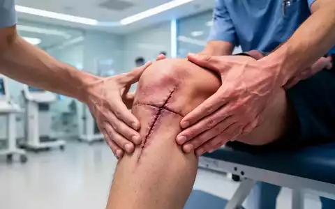Nahaufnahme eines Knies mit Operationsnarbe, das von Physiotherapeutenhänden während einer Rehabilitationseinheit bewegt wird. - Foto: über boerse-global.de