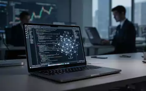 A modern Apple MacBook Pro on a desk, screen showing technical data, with a blurred financial professional in the background. - Foto: über boerse-global.de