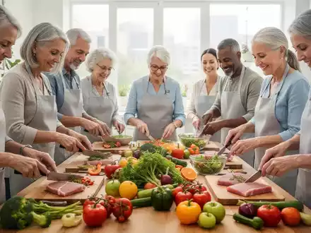 Menschen unterschiedlichen Alters bereiten gemeinsam frische, gesunde Lebensmittel zu, um eine bewusste Ernährung zu fördern. - Foto: über boerse-global.de