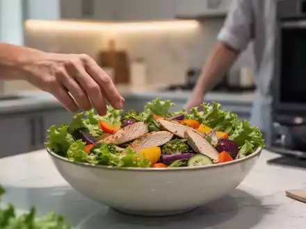 Eine Hand greift nach einer gesunden Salatschüssel mit grünem Gemüse und Proteinen in einer modernen Küche, die bewusste Ernährung darstellt. - Foto: über boerse-global.de