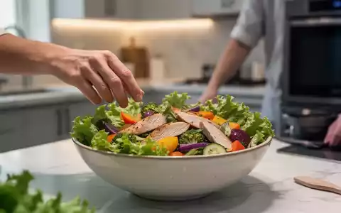Eine Hand greift nach einer gesunden Salatschüssel mit grünem Gemüse und Proteinen in einer modernen Küche, die bewusste Ernährung darstellt. - Foto: über boerse-global.de
