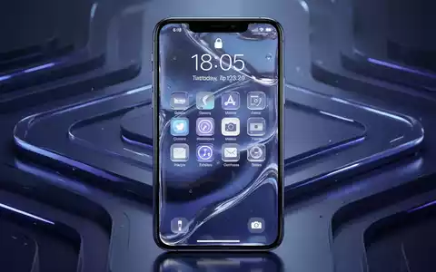 Close-up of a futuristic iPhone Lock Screen with 'Liquid Glass' design, compact clock, and an AI-generated indigo wallpaper. - Foto: über boerse-global.de