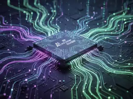 An abstract, close-up image of a stylized computer chip with glowing blue and green lines representing data flow and AI processing. - Foto: über boerse-global.de