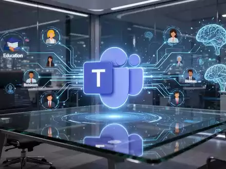 A glowing Microsoft Teams logo projected onto a modern desk, surrounded by digital lines connecting to diverse user icons and AI networks. - Foto: über boerse-global.de