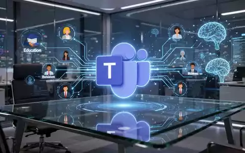 A glowing Microsoft Teams logo projected onto a modern desk, surrounded by digital lines connecting to diverse user icons and AI networks. - Foto: über boerse-global.de