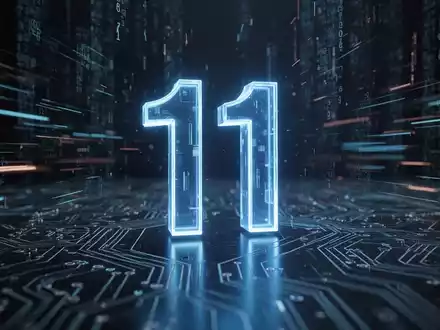 A stylized, glowing blue '11' icon on a dark, reflective digital surface, surrounded by subtle, fast-moving data streams. - Foto: über boerse-global.de