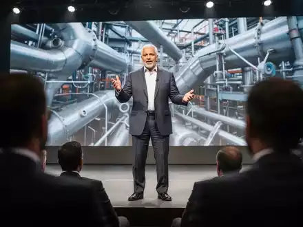 Ein CEO auf einer Konferenzbühne, der ein Publikum anspricht, mit einem großen Bildschirm im Hintergrund. Fokus auf den Redner. - Foto: über boerse-global.de