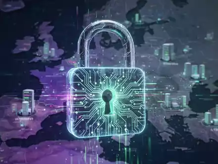 Ein futuristisches, digitales Vorhängeschloss mit Schaltkreismustern und Datenströmen über einer unscharfen Europakarte, das KI-Sicherheit symbolisiert. - Foto: über boerse-global.de