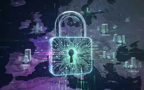Ein futuristisches, digitales Vorhängeschloss mit Schaltkreismustern und Datenströmen über einer unscharfen Europakarte, das KI-Sicherheit symbolisiert. - Foto: über boerse-global.de