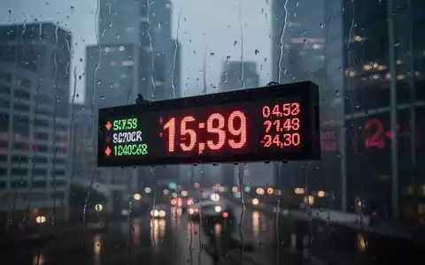 Ein Börsenticker zeigt deutlich negative Zahlen vor dem verschwommenen Hintergrund eines Finanzviertels bei Dämmerung. - Foto: über boerse-global.de