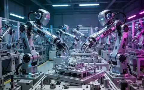 Humanoid robots working on an assembly line in a futuristic factory with vibrant blue and purple lighting. - Foto: über boerse-global.de