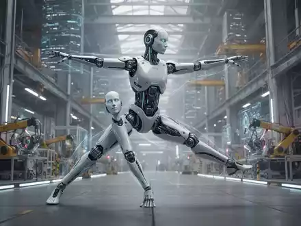 A sleek, advanced humanoid robot in an industrial setting, performing a balanced, dynamic pose. The robot showcases sophisticated design and fluid motion. - Foto: über boerse-global.de