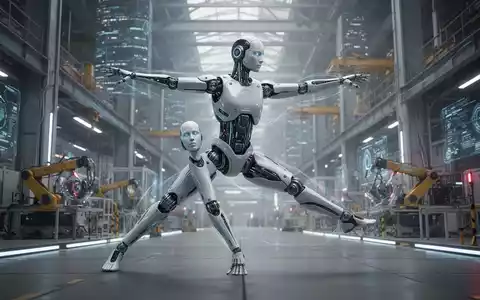 A sleek, advanced humanoid robot in an industrial setting, performing a balanced, dynamic pose. The robot showcases sophisticated design and fluid motion. - Foto: über boerse-global.de
