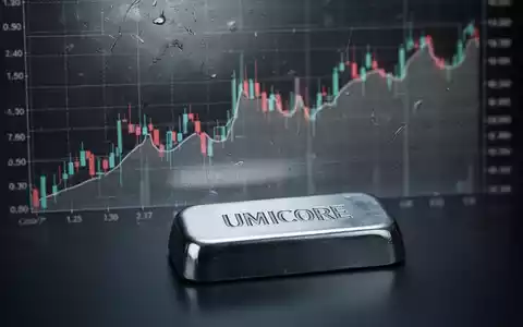 Abstrakte Darstellung eines fallenden Aktienkurses mit metallischer Textur und einem Umicore-Ingot im Vordergrund. - Foto: über boerse-global.de