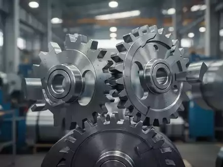 Ein stilisiertes Zahnrad, das sich von einem anderen löst, vor dem Hintergrund einer unscharfen Industrieanlage. Symbolisiert einen Ausstieg. - Foto: über boerse-global.de