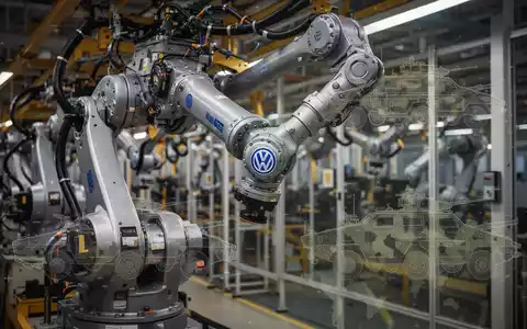 Ein Roboterarm einer Volkswagen-Montagelinie in Bewegung, überlagert mit schematischen Darstellungen von Militärfahrzeugen. - Foto: über boerse-global.de