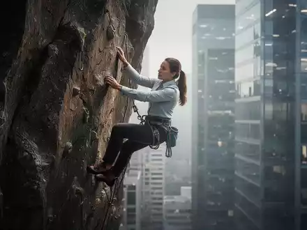 Eine Person klettert konzentriert an einer Indoor-Kletterwand, während im Hintergrund verschwommen Bürogebäude zu sehen sind. - Foto: über boerse-global.de
