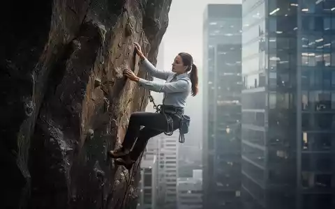 Eine Person klettert konzentriert an einer Indoor-Kletterwand, während im Hintergrund verschwommen Bürogebäude zu sehen sind. - Foto: über boerse-global.de