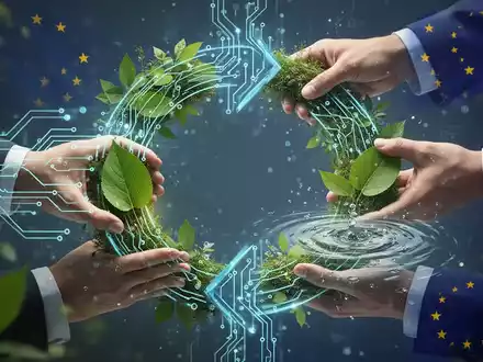 Hände verbinden digitale Schaltkreise mit natürlichen Elementen wie Blättern und Wasser, symbolisierend eine Kreislaufwirtschaft. - Foto: über boerse-global.de