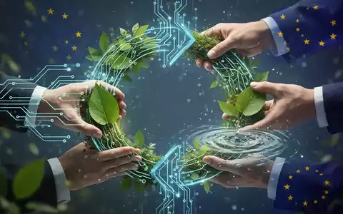 Hände verbinden digitale Schaltkreise mit natürlichen Elementen wie Blättern und Wasser, symbolisierend eine Kreislaufwirtschaft. - Foto: über boerse-global.de