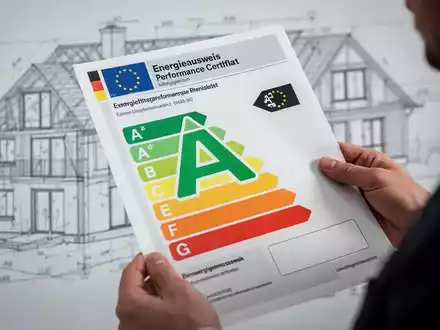 Ein Energieausweis mit der Effizienzklasse A, gehalten vor einem unscharfen Hintergrund mit Bauplänen, symbolisiert neue Gebäudemodernisierungsgesetze. - Foto: über boerse-global.de