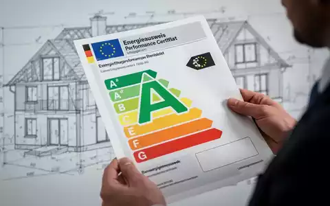 Ein Energieausweis mit der Effizienzklasse A, gehalten vor einem unscharfen Hintergrund mit Bauplänen, symbolisiert neue Gebäudemodernisierungsgesetze. - Foto: über boerse-global.de