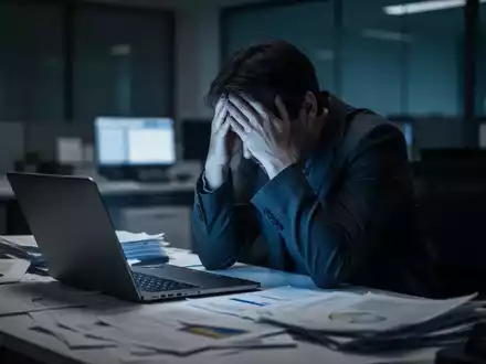 Eine erschöpfte Person sitzt mit dem Kopf in den Händen an einem Schreibtisch, der die psychische Belastung durch Burnout symbolisiert. - Foto: über boerse-global.de
