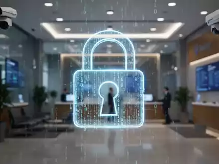A glowing digital lock icon with binary code superimposed over a blurred bank lobby, symbolizing online banking security and cyber risks. - Foto: über boerse-global.de