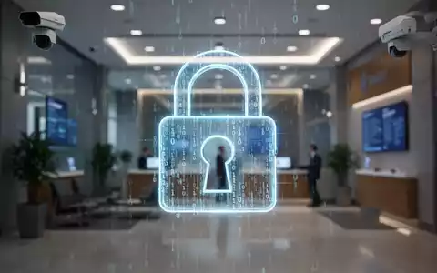 A glowing digital lock icon with binary code superimposed over a blurred bank lobby, symbolizing online banking security and cyber risks. - Foto: über boerse-global.de