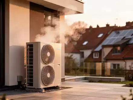 Eine moderne Wärmepumpe vor einem Wohngebäude, die den Wandel von fossilen Brennstoffen zu erneuerbaren Energien symbolisiert. - Foto: über boerse-global.de