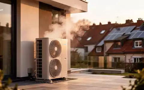 Eine moderne Wärmepumpe vor einem Wohngebäude, die den Wandel von fossilen Brennstoffen zu erneuerbaren Energien symbolisiert. - Foto: über boerse-global.de